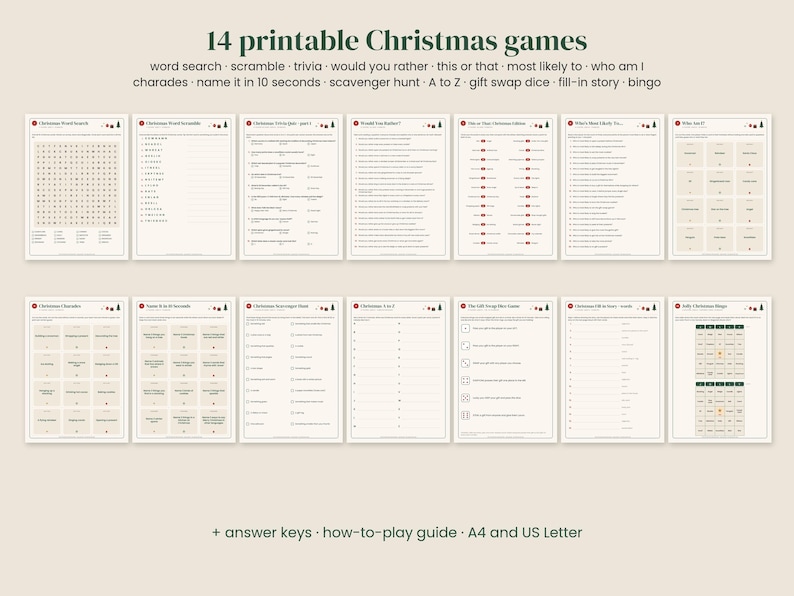 May include: A collection of 14 printable Christmas games on off-white paper, including word search, scramble, trivia, would you rather, this or that, most likely to, who am I, charades, name it in 10 seconds, scavenger hunt, A to Z, gift swap dice, fill-in story, and bingo.