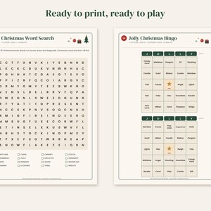 May include: Two printable activity sheets titled Ready to print, ready to play. The left sheet is a Christmas Word Search with a grid of letters and a list of words. The right sheet features two Jolly Christmas Bingo cards with green headers.