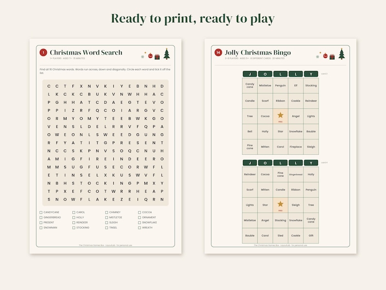 May include: Two printable activity sheets titled Ready to print, ready to play. The left sheet is a Christmas Word Search with a grid of letters and a list of words. The right sheet features two Jolly Christmas Bingo cards with green headers.