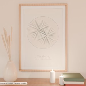 May include: A framed wall art print featuring a minimalist graphic of two overlapping circular ripple patterns. The text "TWO STONES" is printed in black below the graphic. The print is enclosed in a light-colored wooden frame.
