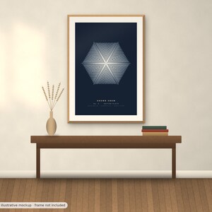 K&ouml;nnte beinhalten: Ein gerahmter Wandkunstdruck mit dunkelblauem Hintergrund und einem wei&szlig;en, geometrischen, sechseckigen Schneeflockenmuster. Der Text "GROWN SNOW" und "No. 5 - SECTOR SIX" ist in Wei&szlig; unter dem zentralen Grafikdesign gedruckt.