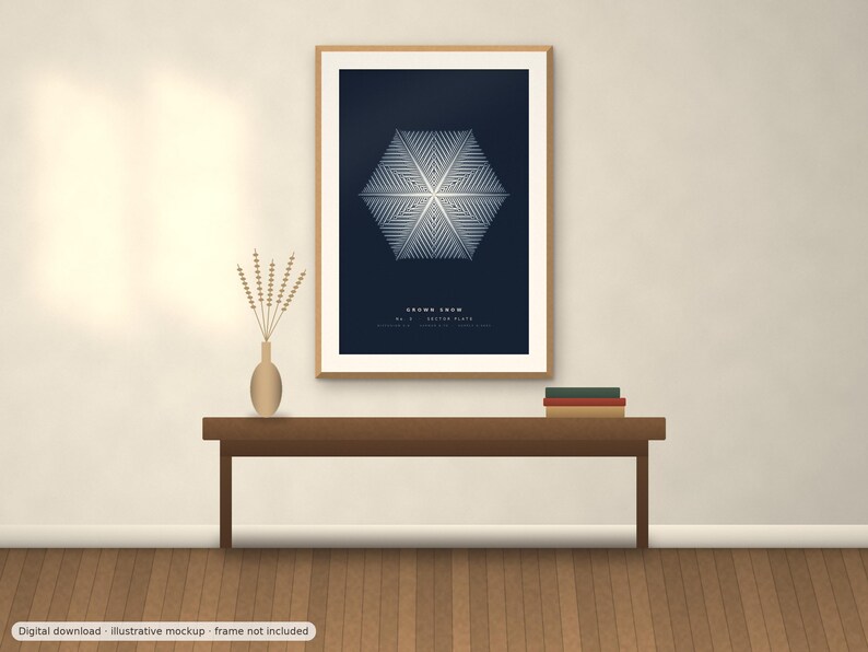 K&ouml;nnte beinhalten: Ein gerahmter Wandkunstdruck mit dunkelblauem Hintergrund und einem wei&szlig;en, geometrischen, sechseckigen Schneeflockenmuster. Der Text "GROWN SNOW" und "No. 5 - SECTOR SIX" ist in Wei&szlig; unter dem zentralen Grafikdesign gedruckt.