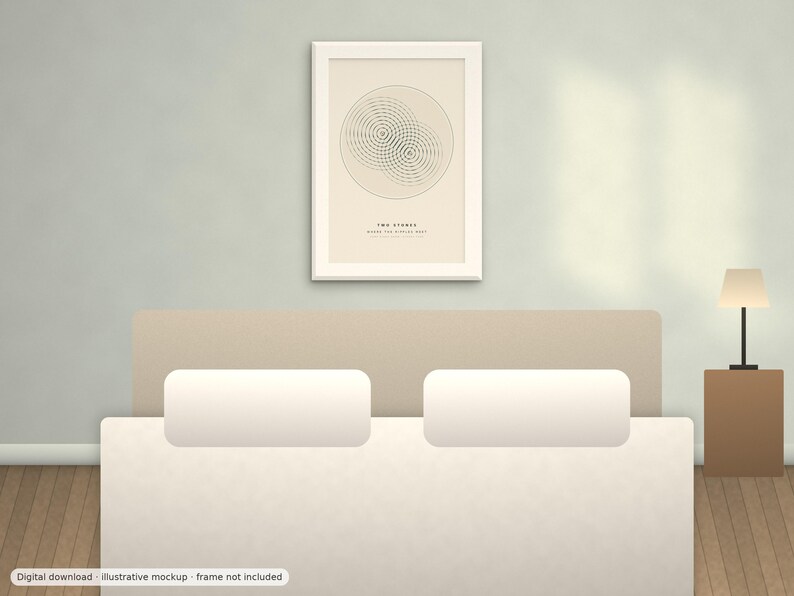 May include: A framed wall art print featuring a beige background with a black line art illustration of two overlapping circular ripple patterns. Below the circles, the text reads TWO STONES MAKE THE RIPPLES DEEP in a clean, sans-serif font.