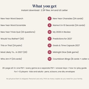 May include: A digital list of 14 New Year games including Word Search, Word Scramble, Trivia, Would You Rather, This or That, Most Likely To, Who Am I, Charades, Name It in 10 Seconds, My 2026 in Review, Predictions for 2027, Goals, Midnight Dice, and Bingo.