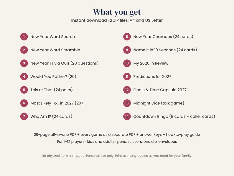 May include: A digital list of 14 New Year games including Word Search, Word Scramble, Trivia, Would You Rather, This or That, Most Likely To, Who Am I, Charades, Name It in 10 Seconds, My 2026 in Review, Predictions for 2027, Goals, Midnight Dice, and Bingo.