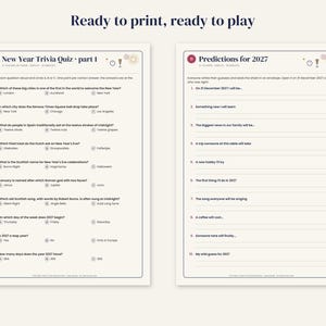 May include: Two printable sheets with a cream background and dark text. The left sheet is titled New Year Trivia Quiz part 1, featuring ten multiple-choice questions. The right sheet is titled Predictions for 2027 with ten numbered lines.