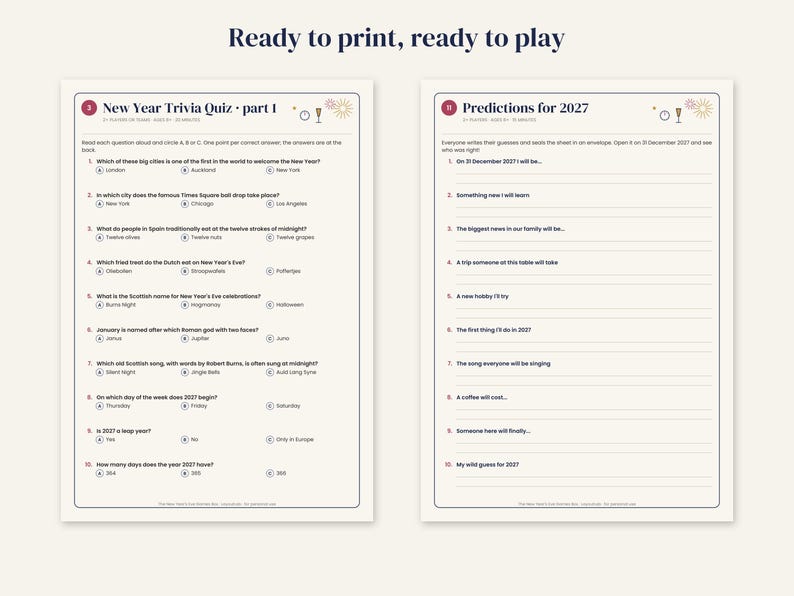 May include: Two printable sheets with a cream background and dark text. The left sheet is titled New Year Trivia Quiz part 1, featuring ten multiple-choice questions. The right sheet is titled Predictions for 2027 with ten numbered lines.