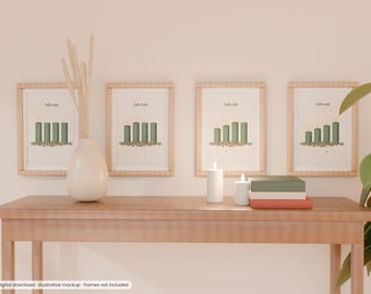 May include: Four framed wall art prints featuring illustrations of Advent candles with the text Advent. The prints are displayed above a wooden table with a white vase, dried stems, two white pillar candles, and a stack of three books.