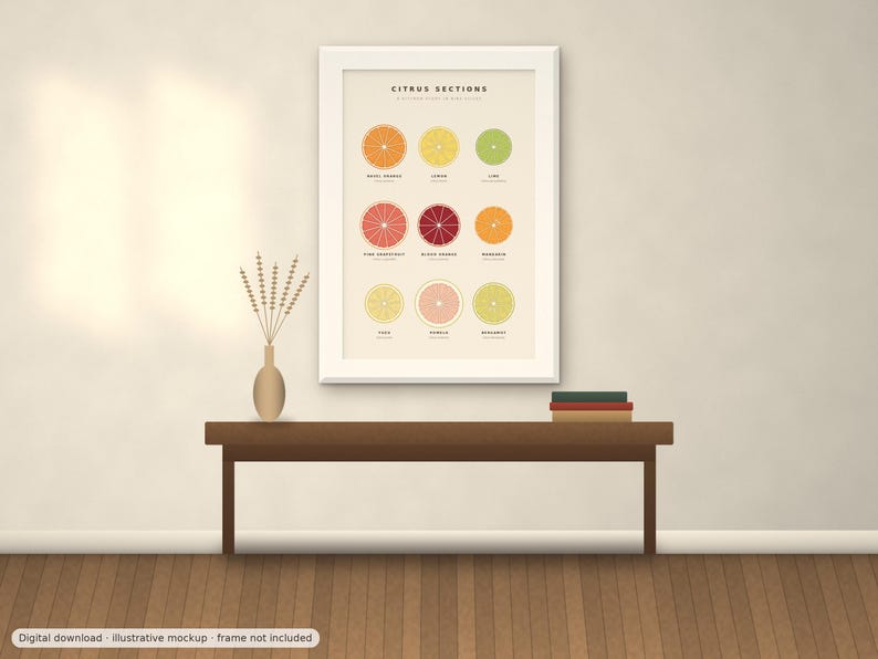 May include: A framed wall art print titled CITRUS SECTIONS featuring a grid of nine colorful illustrations of sliced citrus fruits including orange, lemon, lime, grapefruit, blood orange, mandarin, yuzu, pomelo, and bergamot on a cream background.