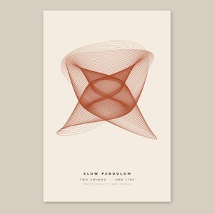 May include: A vertical poster featuring a geometric pattern of thin, rust-colored lines forming a complex, symmetrical shape on a cream background. The text at the bottom reads SLOW PENDULUM, TWO SWINGS - ONE LINE, TRACED UNTIL IT CAME TO REST.