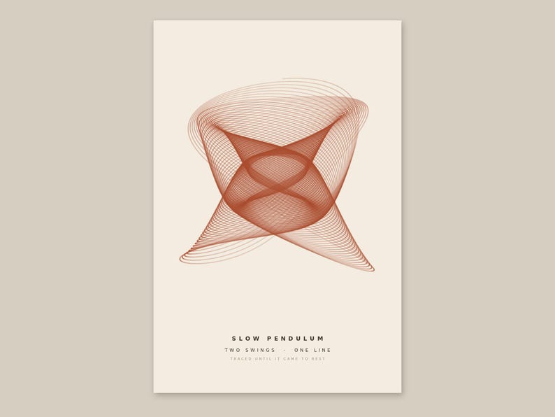 May include: A vertical poster featuring a geometric pattern of thin, rust-colored lines forming a complex, symmetrical shape on a cream background. The text at the bottom reads SLOW PENDULUM, TWO SWINGS - ONE LINE, TRACED UNTIL IT CAME TO REST.