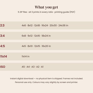 May include: A digital download information chart titled What you get, listing 5 ZIP files and 3 prints in ratios 2:3, 3:4, 4:5, 11x14, and ISO. It displays specific dimensions in inches and paper sizes like A5, A4, A3, A2, and A1.