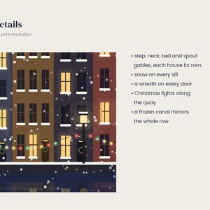 May include: A digital illustration of a row of canal houses at night during a snowfall. The houses feature step, neck, bell, and spout gables, snow-covered sills, wreaths on doors, and string lights along the quay, reflecting in a frozen canal.