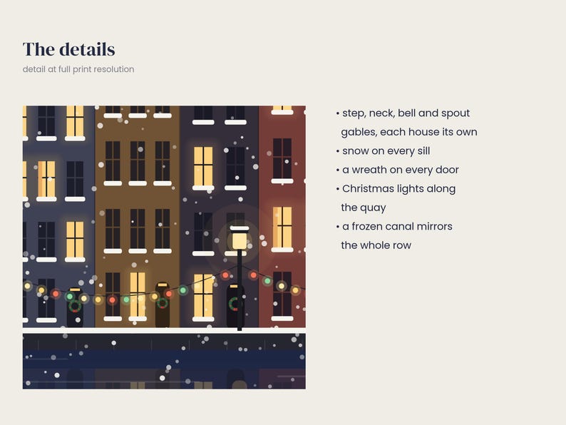 May include: A digital illustration of a row of canal houses at night during a snowfall. The houses feature step, neck, bell, and spout gables, snow-covered sills, wreaths on doors, and string lights along the quay, reflecting in a frozen canal.
