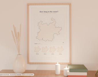 May include: A framed wall art print titled How long is the coast? featuring a central map outline surrounded by concentric lines, with four smaller map variations below labelled 162 km, 184 km, 215 km, and 243 km in black ink.