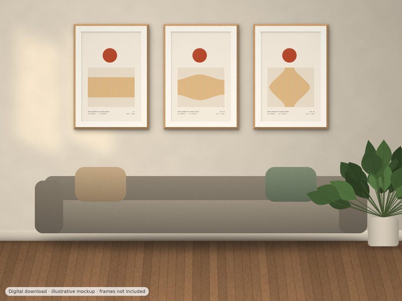 May include: A set of three framed wall art prints featuring abstract geometric shapes in tan and orange on a cream background. Each print displays a solid orange circle above a tan form with varying contours and small text at the bottom.
