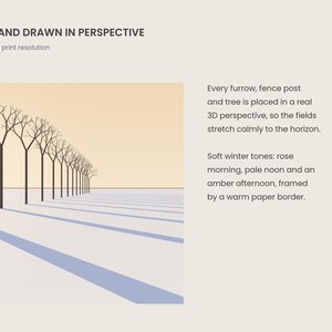 Peut inclure: Une impression d'art num&eacute;rique intitul&eacute;e QUIET, AND DRAWN IN PERSPECTIVE montrant une rang&eacute;e d'arbres d&eacute;nud&eacute;s dans un paysage enneig&eacute; avec de longues ombres bleues s'&eacute;tendant sur le sol vers un horizon p&acirc;le sous un ciel ambr&eacute; et rose.