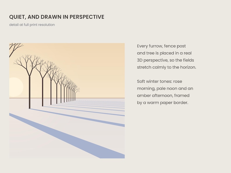 Peut inclure: Une impression d'art num&eacute;rique intitul&eacute;e QUIET, AND DRAWN IN PERSPECTIVE montrant une rang&eacute;e d'arbres d&eacute;nud&eacute;s dans un paysage enneig&eacute; avec de longues ombres bleues s'&eacute;tendant sur le sol vers un horizon p&acirc;le sous un ciel ambr&eacute; et rose.