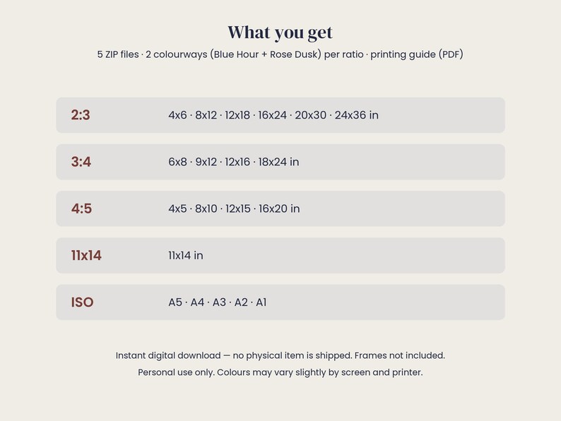 May include: A digital download information chart titled What you get, listing 5 ZIP files, 2 colourways in Blue Hour and Rose Dusk, and a printing guide. It details aspect ratios 2:3, 3:4, 4:5, 11x14, and ISO sizes A5 through A1 in inches.