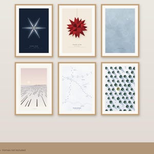 May include: Six framed wall art prints arranged in two rows. The prints feature various graphic designs including a white star on dark blue, a red paper star, a light blue abstract pattern, a landscape, a map, and a grid of green trees.