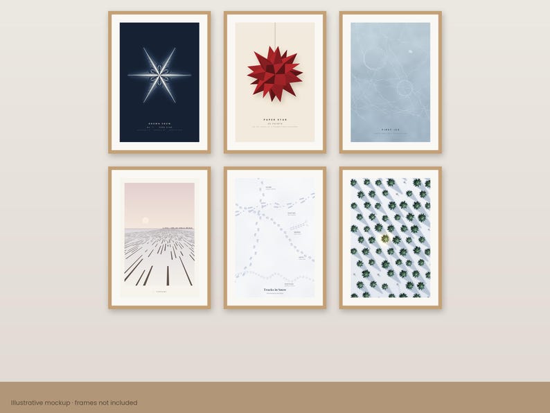 May include: Six framed wall art prints arranged in two rows. The prints feature various graphic designs including a white star on dark blue, a red paper star, a light blue abstract pattern, a landscape, a map, and a grid of green trees.