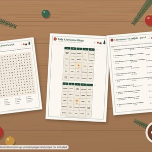 Könnte beinhalten: Drei bedruckte Blätter mit Weihnachtsaktivitäten: ein Wortsuchrätsel mit dem Titel Christmas Word Search, ein Jolly Christmas Bingo-Spiel mit zwei Gittern und ein Christmas Trivia Quiz part 1 mit zehn Multiple-Choice-Fragen.