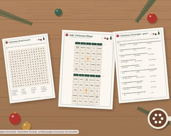 May include: Three printed sheets featuring Christmas activities: a word search titled Christmas Word Search, a Jolly Christmas Bingo game with two grids, and a Christmas Trivia Quiz part 1 with ten multiple-choice questions.