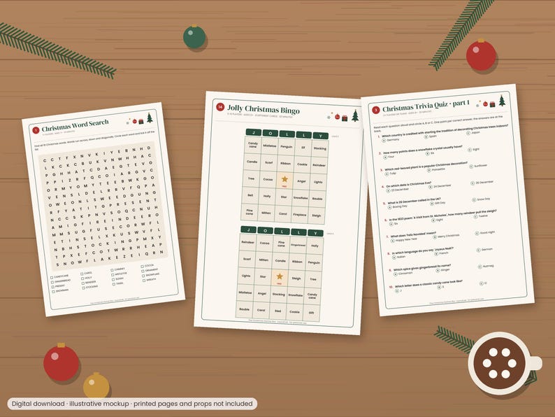 May include: Three printed sheets featuring Christmas activities: a word search titled Christmas Word Search, a Jolly Christmas Bingo game with two grids, and a Christmas Trivia Quiz part 1 with ten multiple-choice questions.