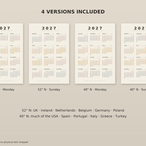 Puede incluir: Cuatro calendarios anuales 2027 imprimibles sobre un fondo beige claro. Cada calendario muestra doce meses con texto negro y resaltados en naranja para fechas espec&iacute;ficas. El texto incluye 4 VERSIONS INCLUDED, 2027, 52 N - Monday, 52 N - Sunday, 40 N - Monday, 40 N - Sunday.
