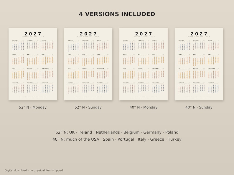 Puede incluir: Cuatro calendarios anuales 2027 imprimibles sobre un fondo beige claro. Cada calendario muestra doce meses con texto negro y resaltados en naranja para fechas espec&iacute;ficas. El texto incluye 4 VERSIONS INCLUDED, 2027, 52 N - Monday, 52 N - Sunday, 40 N - Monday, 40 N - Sunday.