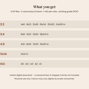 May include: A digital download information chart titled What you get, listing 5 ZIP files, 2 colorways, and a printing guide. It displays aspect ratios 2:3, 3:4, 4:5, 11x14, and ISO sizes A5 through A1 with corresponding dimensions in inches.