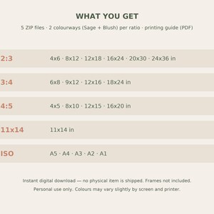 May include: A digital download information chart titled WHAT YOU GET, listing 5 ZIP files, 2 colourways in Sage and Blush, and a PDF printing guide. It details aspect ratios 2:3, 3:4, 4:5, 11x14, and ISO sizes A5 through A1 in inches.