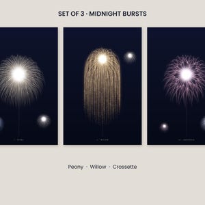 May include: A set of three prints titled SET OF 3 MIDNIGHT BURSTS featuring fireworks against a dark blue background. The prints are labelled I. PEONY, II. WILLOW, and III. CROSSETTE, with the text Peony, Willow, Crossette below them.