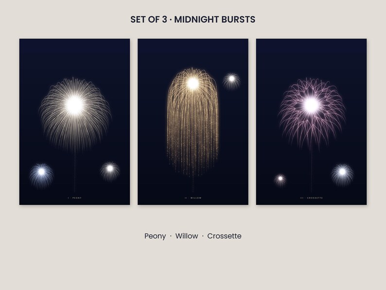 May include: A set of three prints titled SET OF 3 MIDNIGHT BURSTS featuring fireworks against a dark blue background. The prints are labelled I. PEONY, II. WILLOW, and III. CROSSETTE, with the text Peony, Willow, Crossette below them.
