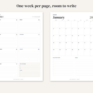 May include: A white planner page layout featuring a weekly schedule on the left with lined spaces for each day and a monthly calendar for January 2027 on the right. The text reads One week per page, room to write, Week 1, and January 2027.