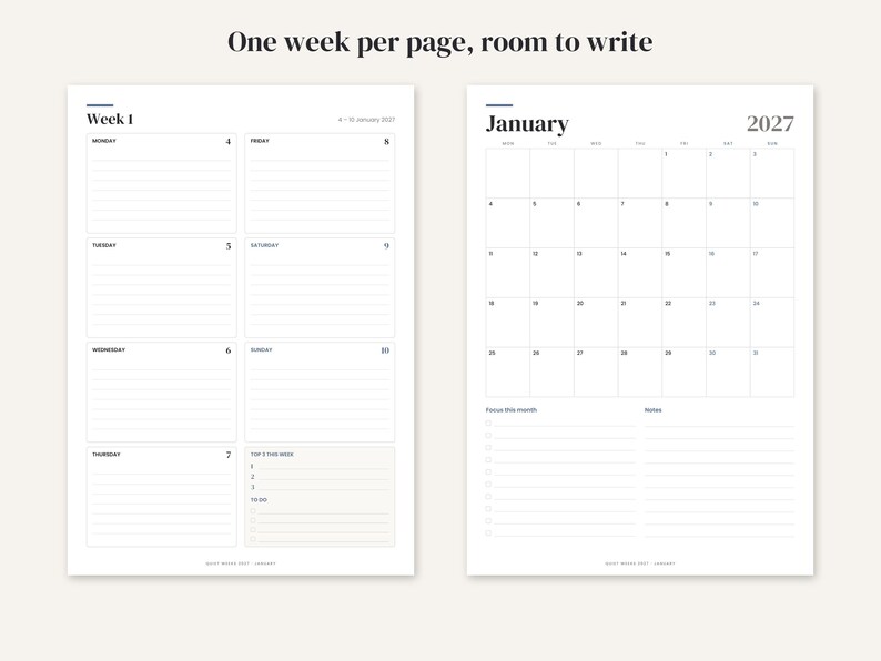 May include: A white planner page layout featuring a weekly schedule on the left with lined spaces for each day and a monthly calendar for January 2027 on the right. The text reads One week per page, room to write, Week 1, and January 2027.