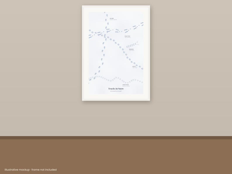 May include: A white rectangular poster featuring various animal footprints in light gray, labeled with text including "Tracks in Snow" at the bottom. The print displays multiple paths of tracks crossing the page, with small text identifiers next to each distinct set of markings.