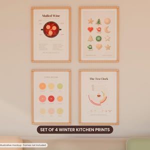 Winter Kitchen Print Set of 4, Christmas Kitchen Wall Art Bundle, Mulled Wine, Cookies, Citrus, Tea Chart, Printable Gallery Wall