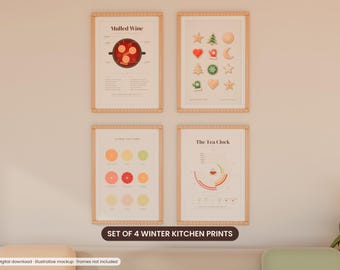 Winter Kitchen Print Set of 4, Christmas Kitchen Wall Art Bundle, Mulled Wine, Cookies, Citrus, Tea Chart, Printable Gallery Wall