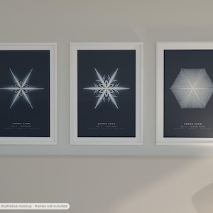 K&ouml;nnte beinhalten: Drei gerahmte vertikale Wandkunstdrucke mit wei&szlig;en Schneeflocken-Illustrationen auf dunkelblauem Hintergrund. Jeder Druck zeigt den Text "GROUND SNOW", gefolgt von einer eindeutigen Nummer und einer Beschriftung unter der Schneeflockengrafik.