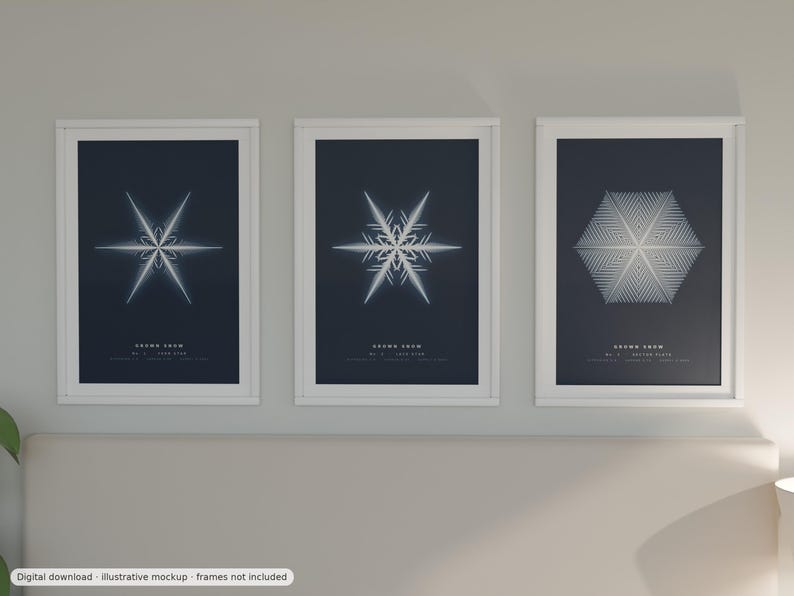K&ouml;nnte beinhalten: Drei gerahmte vertikale Wandkunstdrucke mit wei&szlig;en Schneeflocken-Illustrationen auf dunkelblauem Hintergrund. Jeder Druck zeigt den Text "GROUND SNOW", gefolgt von einer eindeutigen Nummer und einer Beschriftung unter der Schneeflockengrafik.