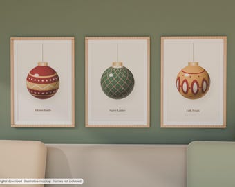 May include: Three framed wall art prints featuring Christmas ornaments. The left print shows a red ornament labelled Ribbon Bands, the centre a green one labelled Starry Lattice, and the right a gold one labelled Folk Petals.