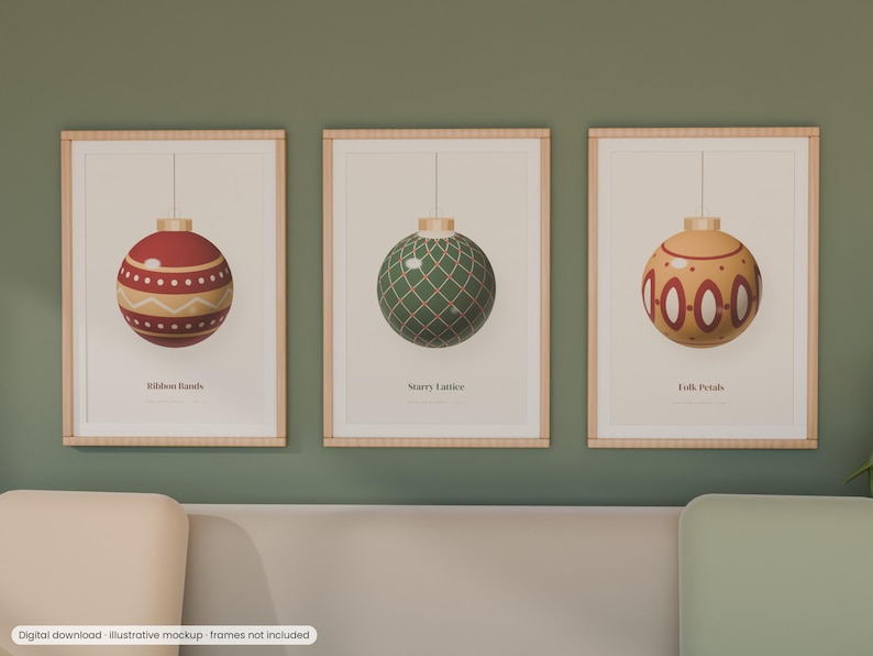 May include: Three framed wall art prints featuring Christmas ornaments. The left print shows a red ornament labeled Ribbon Bands, the center a green one labeled Starry Lattice, and the right a gold one labeled Folk Petals.