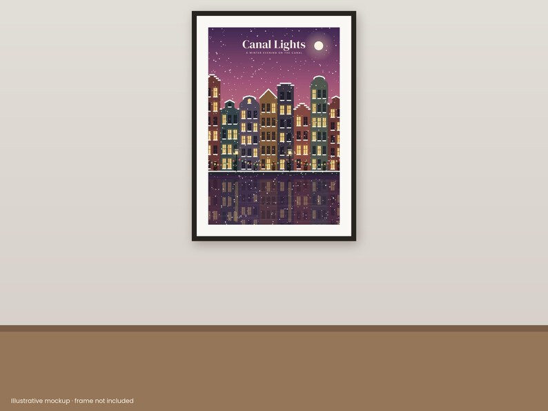 May include: A rectangular wall art print titled Canal Lights, A Winter Evening on the Canal. The illustration features a row of colorful houses with glowing windows reflecting in the water under a purple night sky with snow and a moon.