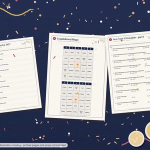 Könnte beinhalten: Drei weiße Papierbögen mit Aktivitäten für Silvester. Der linke Bogen trägt den Titel Predictions for 2027, der mittlere Bogen ist ein Countdown Bingo Spiel und der rechte Bogen ist ein New Year Trivia Quiz part 1 mit zehn Fragen.