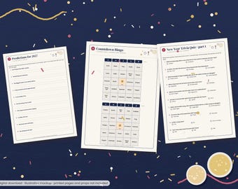 May include: Three white paper sheets featuring New Year's Eve activities. The left sheet is titled Predictions for 2027, the centre sheet is a Countdown Bingo game, and the right sheet is a New Year Trivia Quiz part 1 with ten questions.