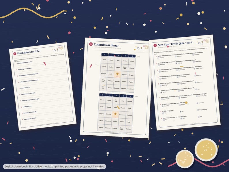 May include: Three white paper sheets featuring New Year's Eve activities. The left sheet is titled Predictions for 2027, the center sheet is a Countdown Bingo game, and the right sheet is a New Year Trivia Quiz part 1 with ten questions.