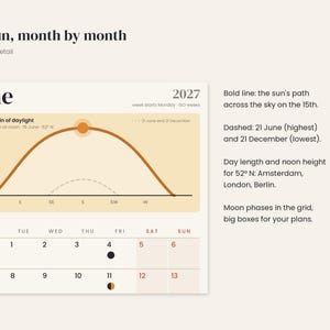 May include: A calendar page for June 2027 titled The sun, month by month. It features a diagram showing the sun's path across the sky, daylight duration of 16 h 42 min, and a weekly grid with dates 1 through 13 and moon phase icons.
