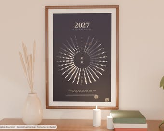 May include: A vertical wall poster titled 2027 A Year of Moons, featuring a dark grey background with a circular diagram of moon phases. The text 2027 A Year of Moons is printed at the top, with a radial arrangement of lunar cycles displayed below.