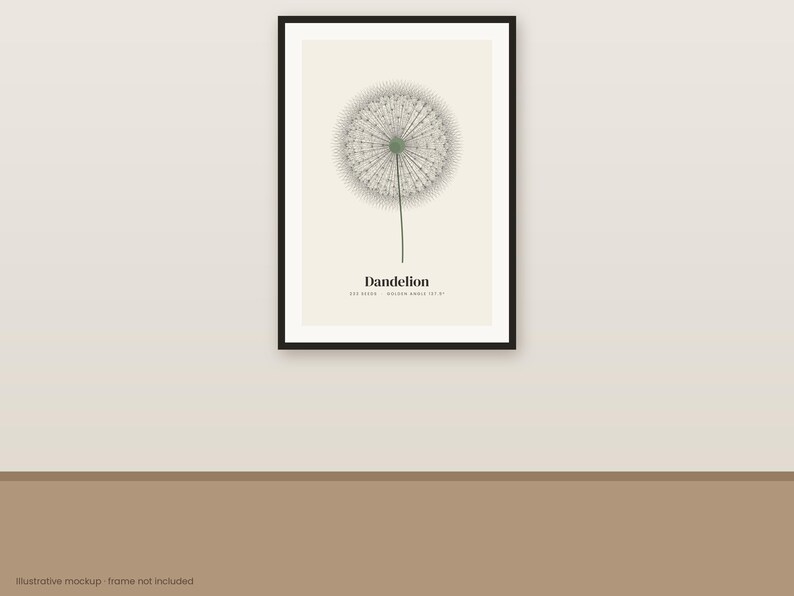 Op de afbeelding: Een ingelijste wandkunstprint met een gedetailleerde botanische illustratie van een paardenbloem in grijstinten en groen op een cr&egrave;mekleurige achtergrond. De tekst Dandelion staat in een zwart schreeflettertype eronder.